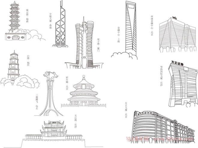 标志性建筑线稿矢量素材
